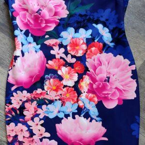 Vince Camuto Floral Cocktail Dress Navy Blue w/Pink Blue & Orange Flowers Sz 14